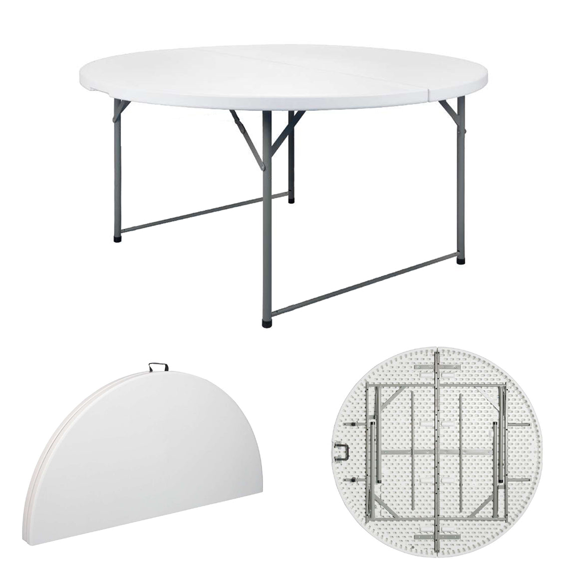 MESA REDONDA PLEGABLE DE PLÁSTICO TIPO PORTAFOLIO 1.50 M